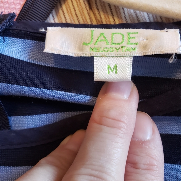 JADE MELODY TAM | Blue Black Stripe Dress 3/4 Sleeve M Soft Stretch Jersey Knit - Picture 3 of 5